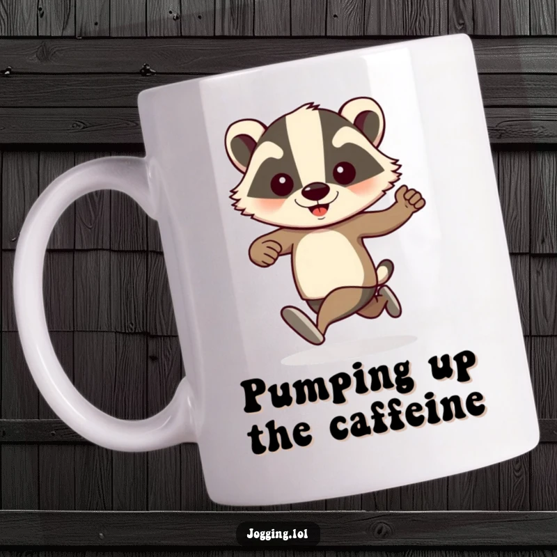 Funny badger jogger with arms pumping enthusiastically, depicted in mid-stride on a mug, radiating playful determination and humor.