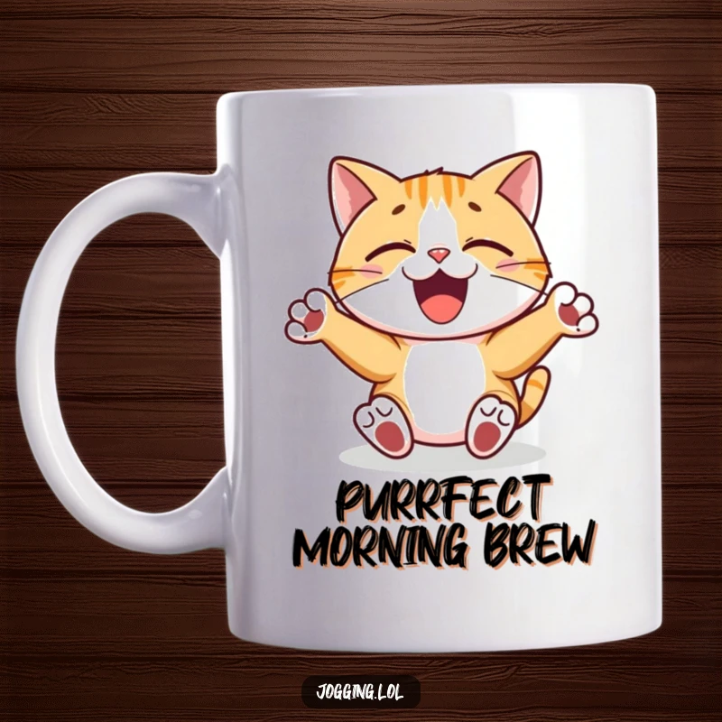 Funny mug featuring a joyful cat character with its paws pumping rhythmically, dancing with enthusiasm and a happy expression.