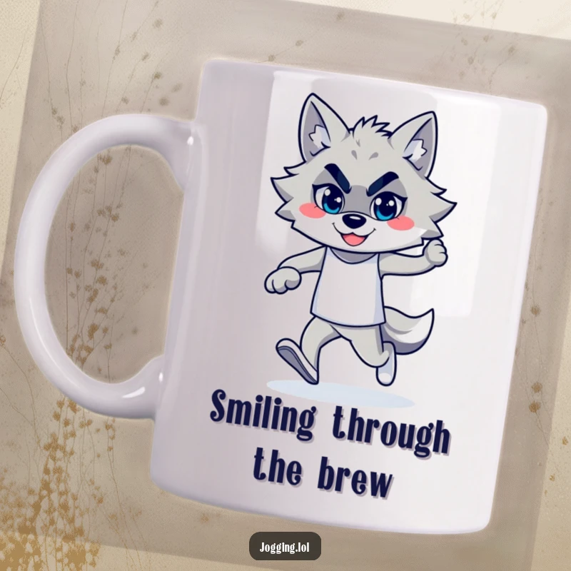 Funny wolf jogger with a confident smile, depicted in mid-stride on a mug, radiating strength and humorous determination.