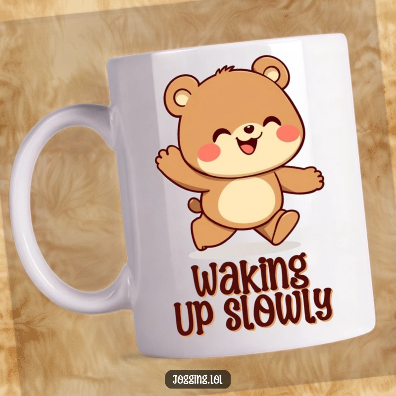 Funny mug showing a curious bear jogger looking ahead with pure joy, symbolizing exploration and happiness.