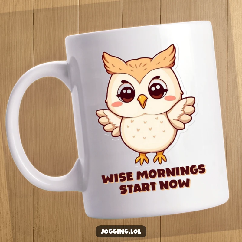 Funny owl mug with a happy protagonist slightly flapping its wings while moving, capturing a moment of gentle excitement.