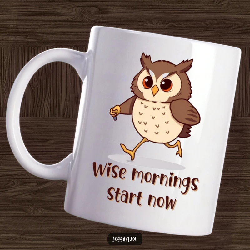 Funny owl mug with tiny jogging poles, comically jogging with determination. A humorous design for bird and fitness fans.