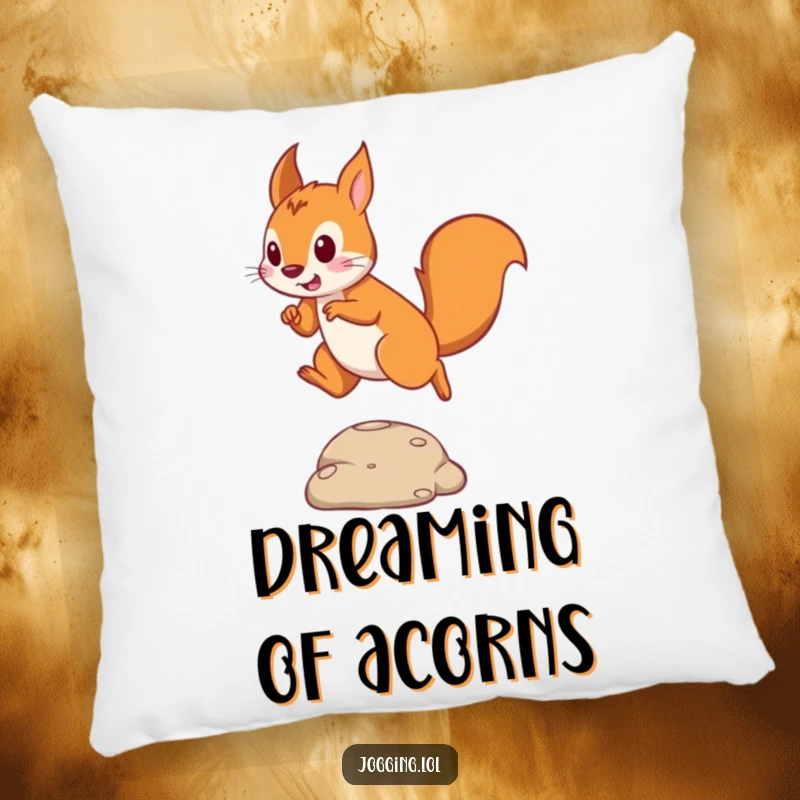 Funny pillow featuring a playful squirrel in motion, leaping over an obstacle, adding a touch of fun.