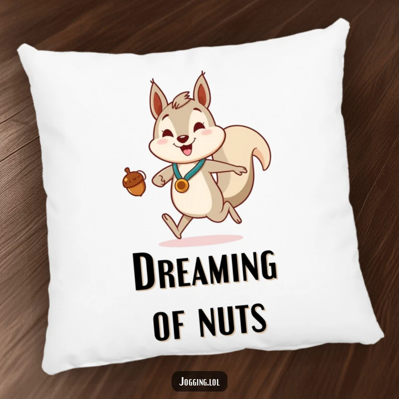 Funny Pillow featuring a smiling squirrel jogger, proudly clutching an acorn as a medal, offering cozy comfort.