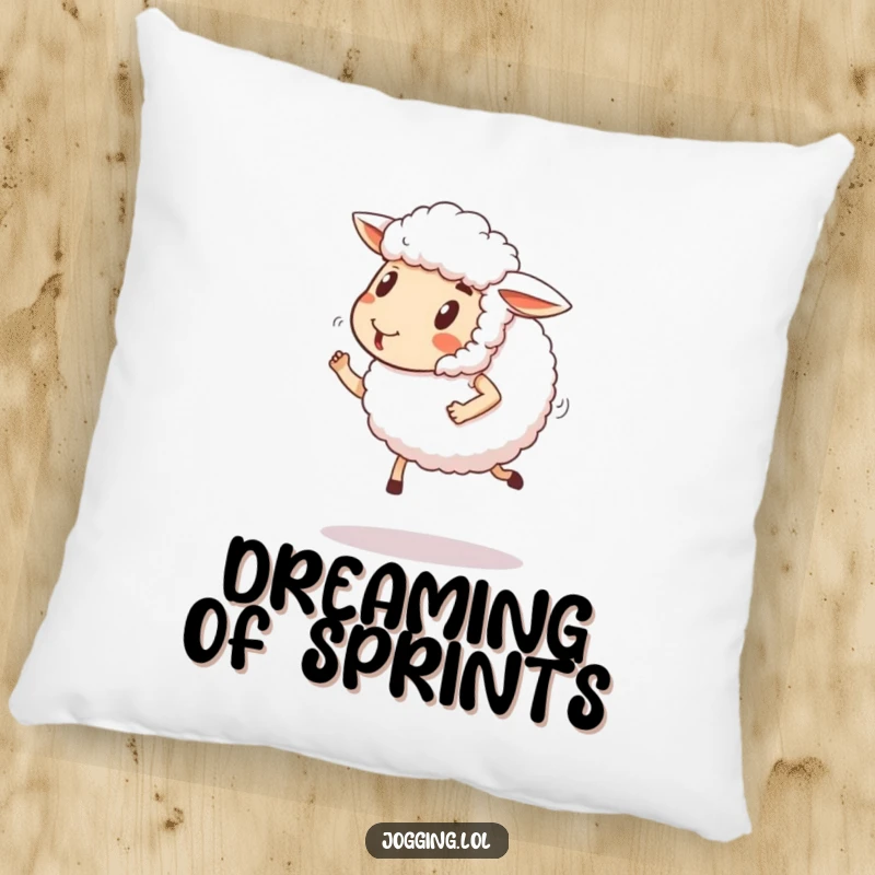 Funny sheep pillow with a fluffy sheep comically jogging with a determined, happy expression. Soft and humorous decorative item.