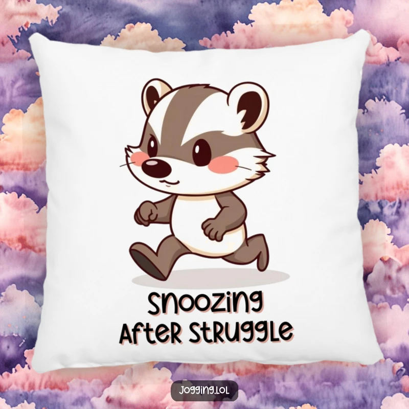 Funny pillow featuring a determined badger with puffed cheeks, jogging uphill, providing comfort and inspiration.