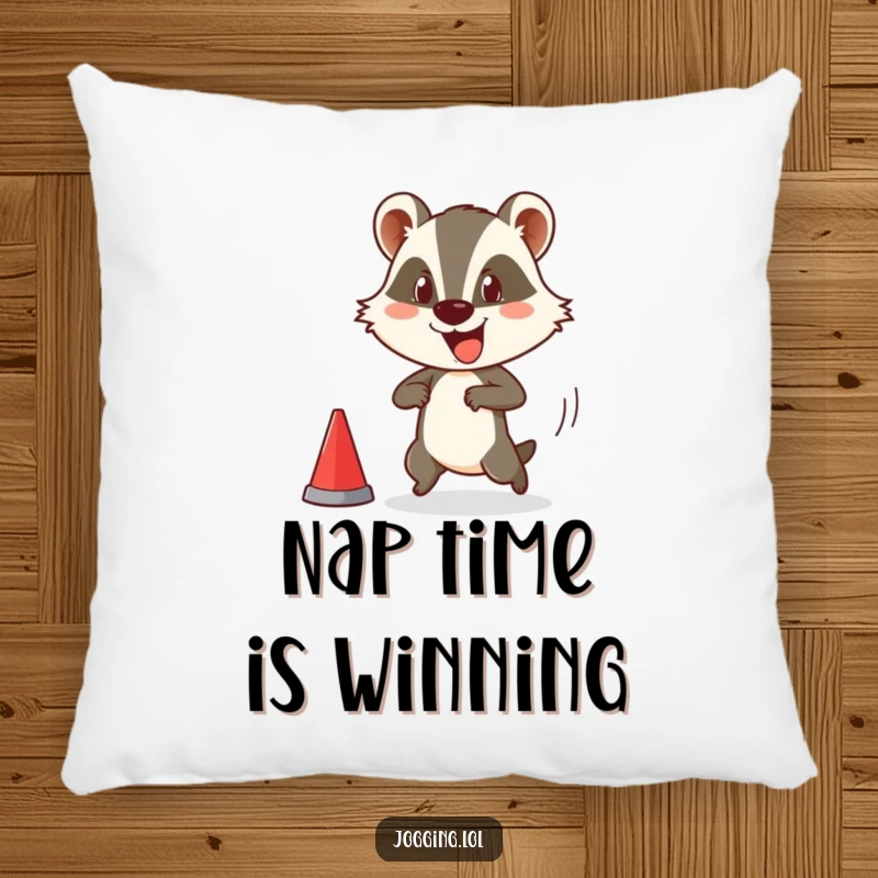 Funny pillow featuring a happy badger character comically attempting to start a race, bringing a humorous and cozy vibe to any sofa or bed.