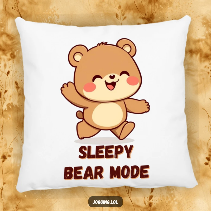 Funny pillow design featuring a curious bear jogger looking ahead with a joyful expression, offering comfort and charm.