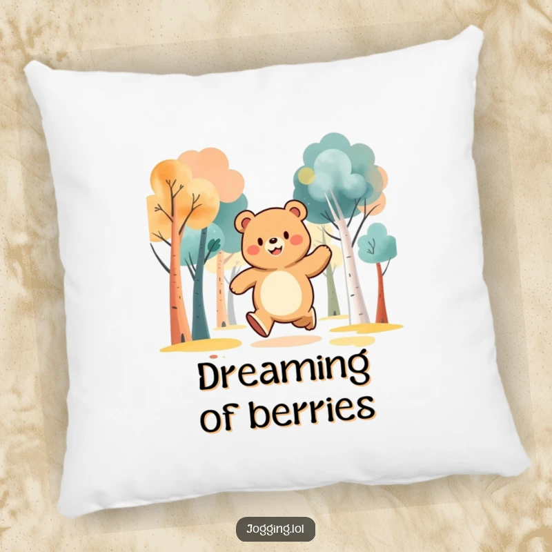 Funny pillow featuring a jubilant bear character jogging through abstract trees, providing comfort with a touch of forest joy.