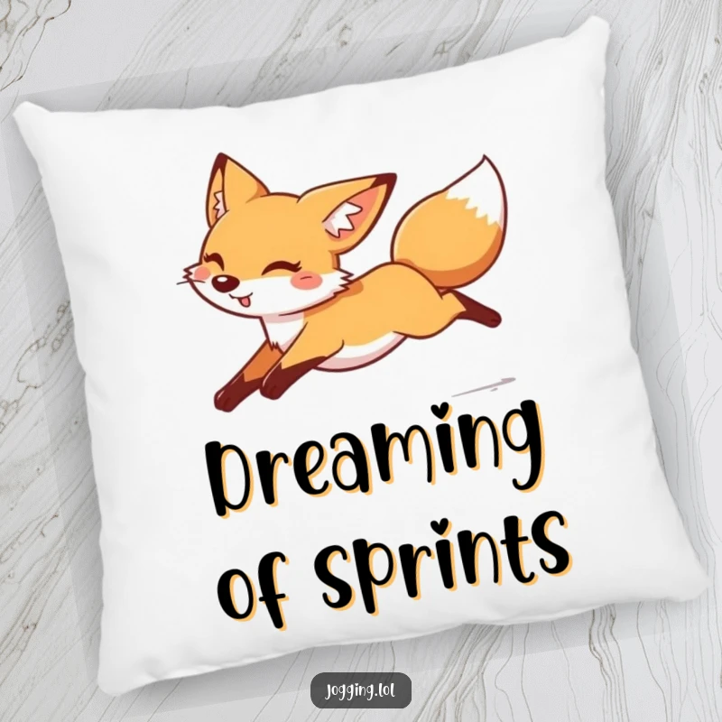 Funny cheerful fox pillow, legs tucked, moving fast, cozy accent, playful decor, awesome funny gift