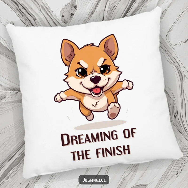 Funny dog pillow with a determined dog character in a humorous running pose, offering comfort and a motivational vibe.