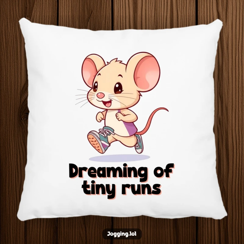 Funny little mouse runner design on a soft pillow, featuring tiny sneakers and a determined stride, adding humorous comfort to any room.
