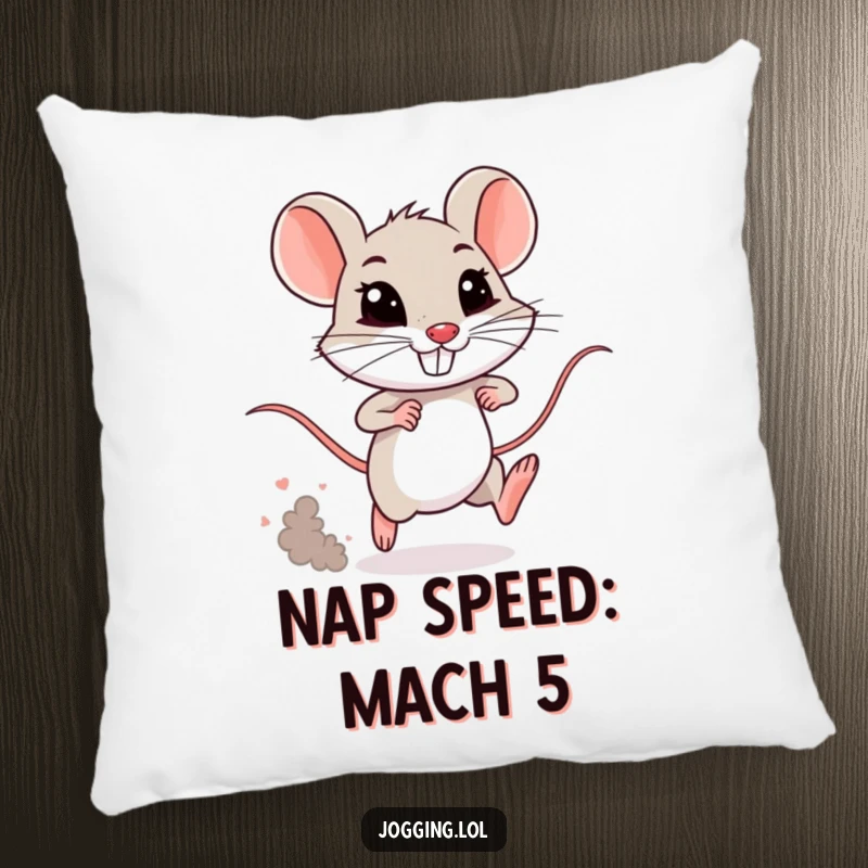 Funny mouse pillow with a determined, grinning tiny rodent sprinting and kicking dust. A soft and humorous decorative item.