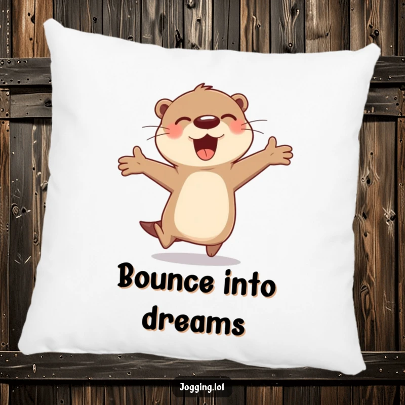 Funny otter pillow featuring a cheerful character in a joyful bounding pose, perfect for adding comfort and humor, a cute funny gift.