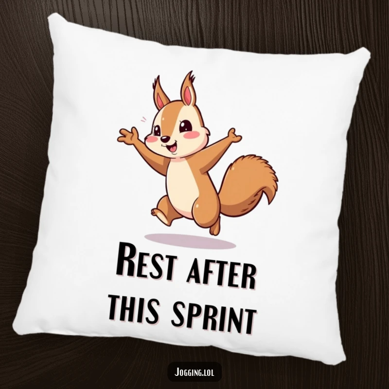 Funny squirrel running pillow, energetic arm pumping, playful rodent, cozy accent, motivational decor, awesome funny gift