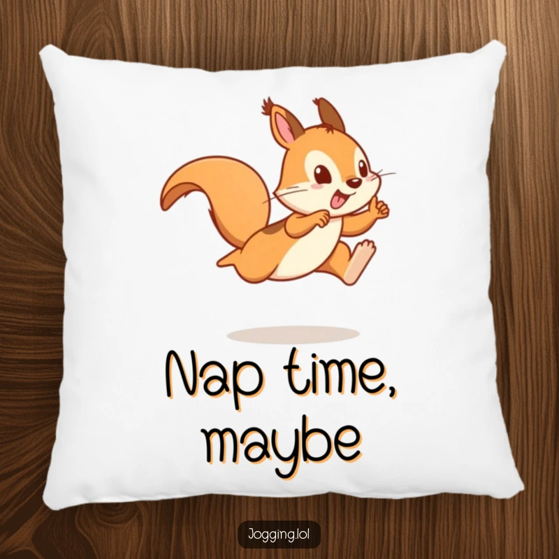 Funny pillow design featuring a playful squirrel sprinter in a mid-air leap, offering comfort and a dash of fun.