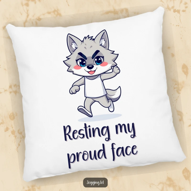 Funny wolf jogger design on a soft pillow, featuring a confident smile and determined stride, adding humorous comfort to any seating area.