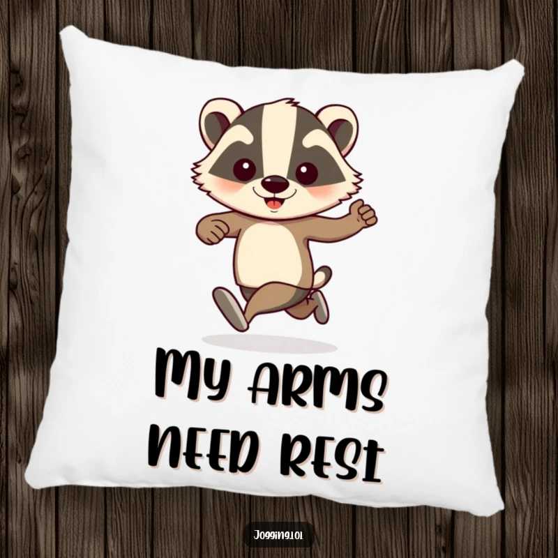 Funny badger jogger design on a soft pillow, depicting pumping arms and playful energy, adding humorous comfort to any lounging space.