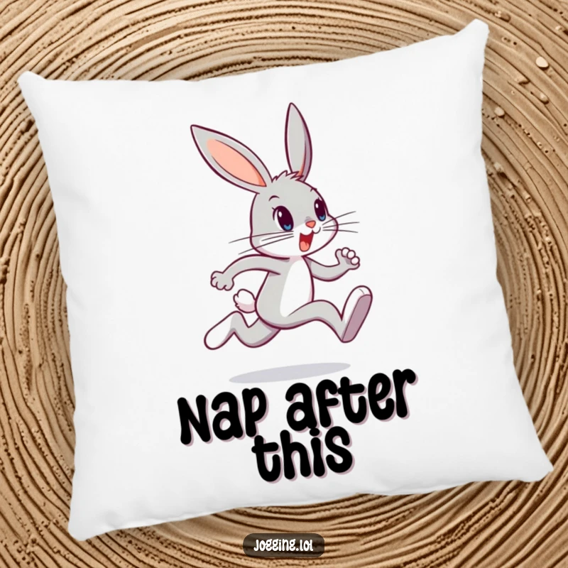 Funny bunny pillow featuring a determined character who's just finished sprinting, offering comfort and a humorous touch, a perfect funny gift.