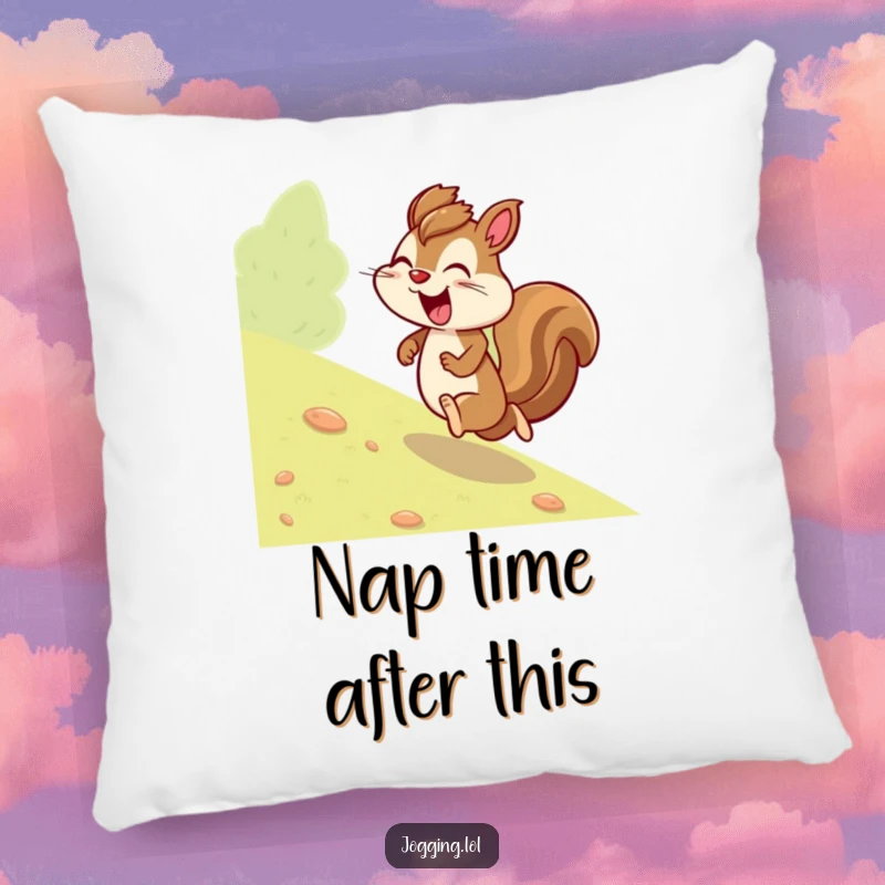 Funny squirrel pillow featuring a giggling character jogging uphill with determination, offering cozy humor and a touch of playful spirit.