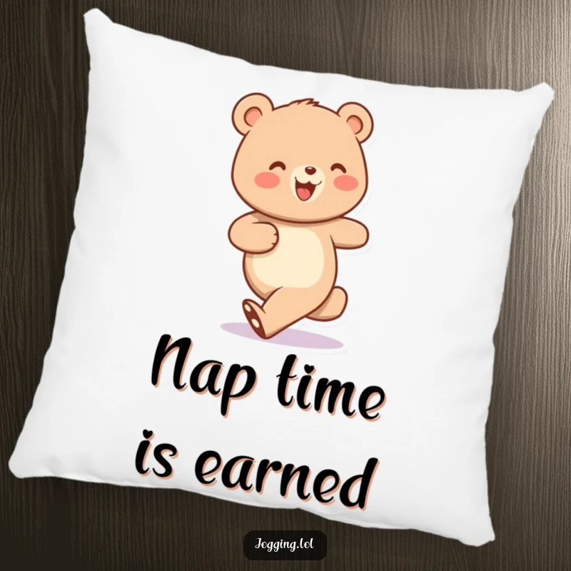 Funny pillow featuring a cheerful bear character jogging with amusingly small, bobbing steps, offering plush humor.