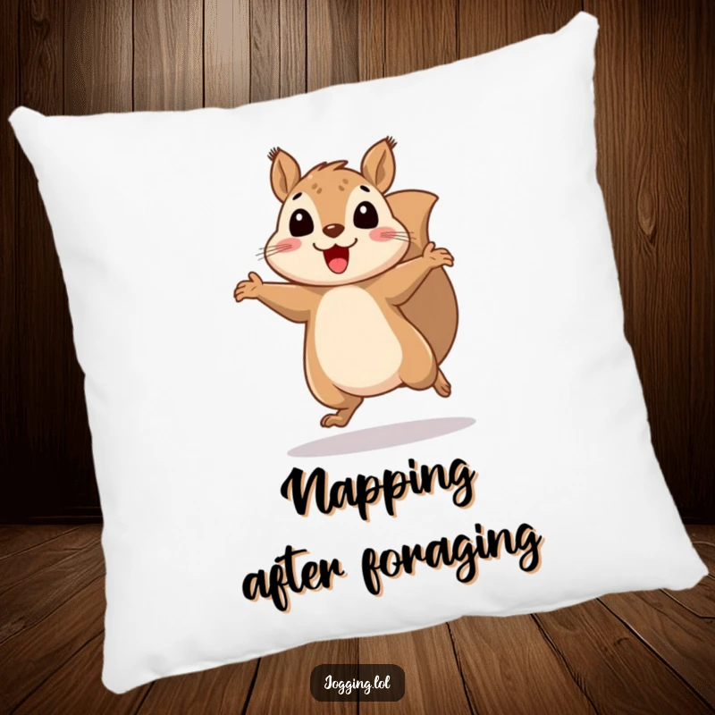 Funny squirrel pillow with a cheerfully bouncing squirrel and blurred legs, offering humorous comfort and playful charm.