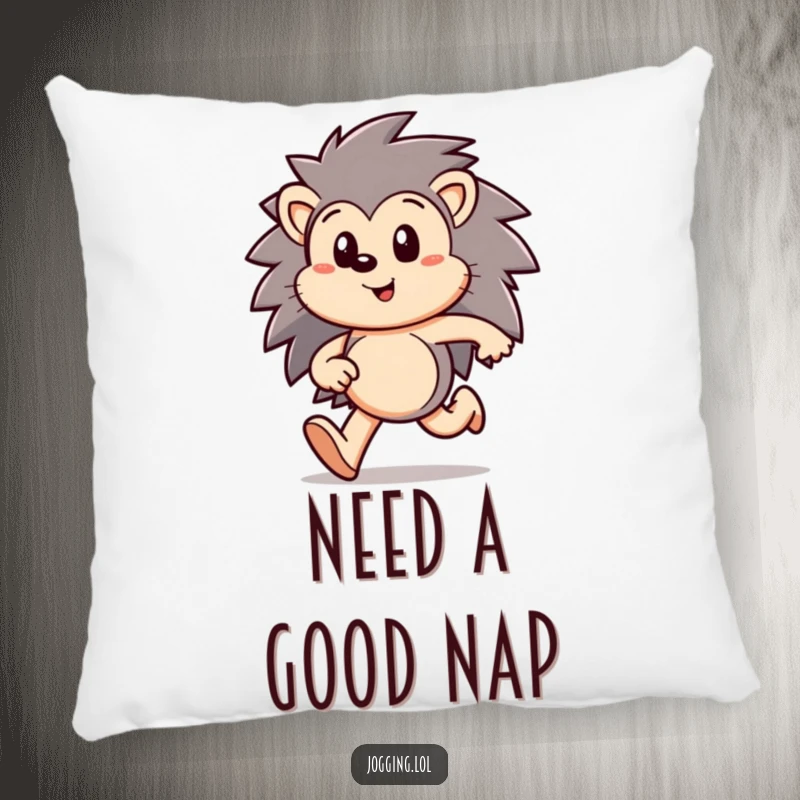 Funny hedgehog pillow featuring a happy character who has finished running, offering comfort and a humorous touch of focus, a perfect funny gift.