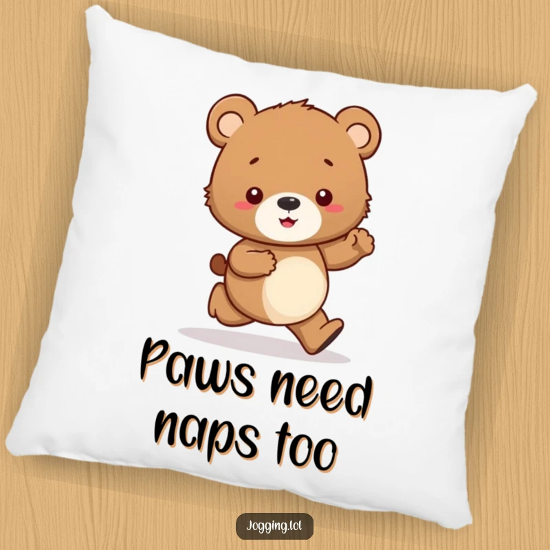 Funny pillow with a plush design of a curious bear cub character jogging tentatively, eyes fixed on its paws.