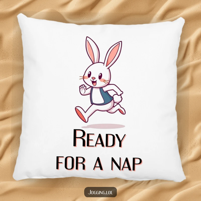 Funny pillow design of a cheerful rabbit runner, depicted in a cute hopping pose, offering comfort and joy.