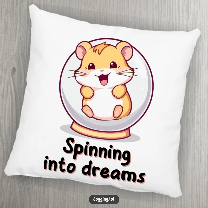 Funny pillow featuring a playful hamster character rolling in a hamster ball, bringing a cute and humorous element to any room.