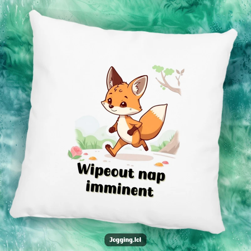 Funny pillow displaying a curious fox character joyfully jogging and observing its surroundings, adding humor and comfort, a great funny gift.