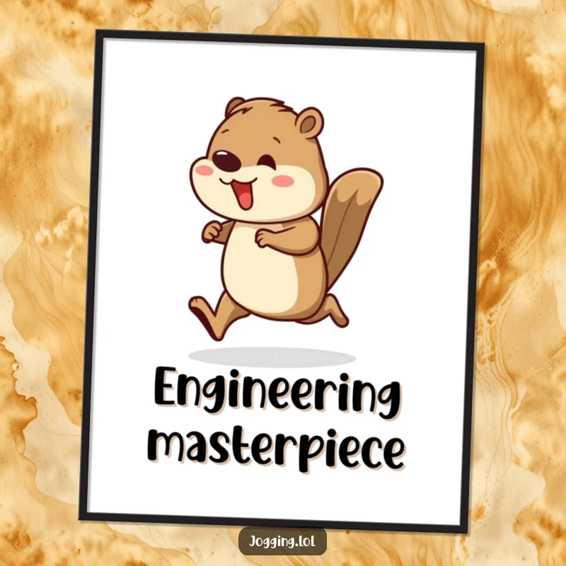 Funny digital art print of a busy beaver runner with rhythmic leg movements, ready to inspire hard work.