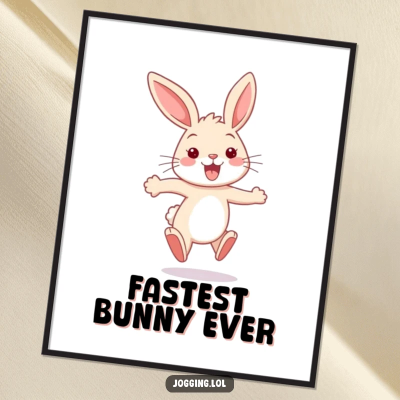 Funny bunny digital art print of a happy rabbit sprinting with ears flapping, capturing a moment of pure, humorous joy.