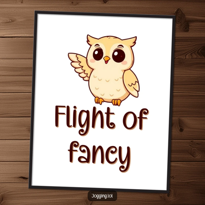 Funny owl jogging digital art print featuring a delighted bird mid-jog with wing extended, perfect for wise decor.