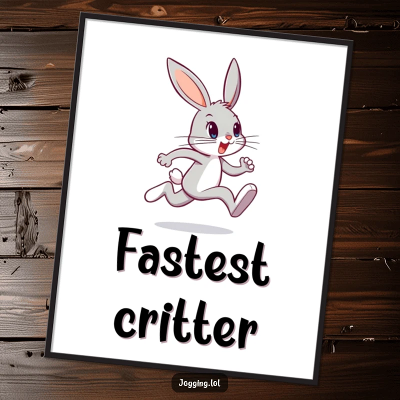 Funny bunny digital art print of a determined character sprinting with lively legs, radiating energy and humor, a downloadable funny gift.