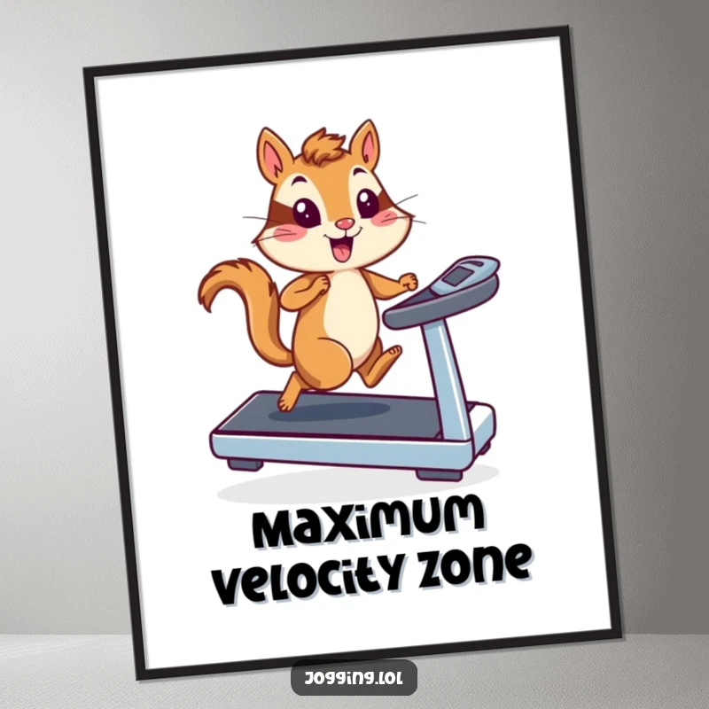 Funny chipmunk runner digital art print, capturing high-speed treadmill action with energetic detail for humorous, dynamic wall decoration.