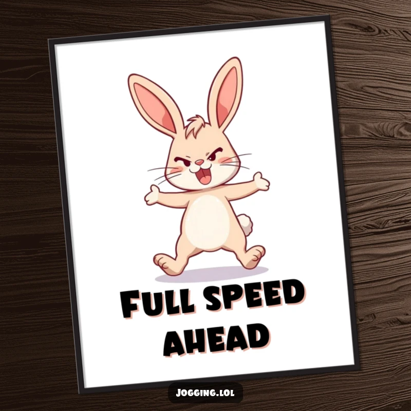 Funny energetic bunny digital art print, determined rabbit, legs extended, motivational wall art, instant download, great funny gift