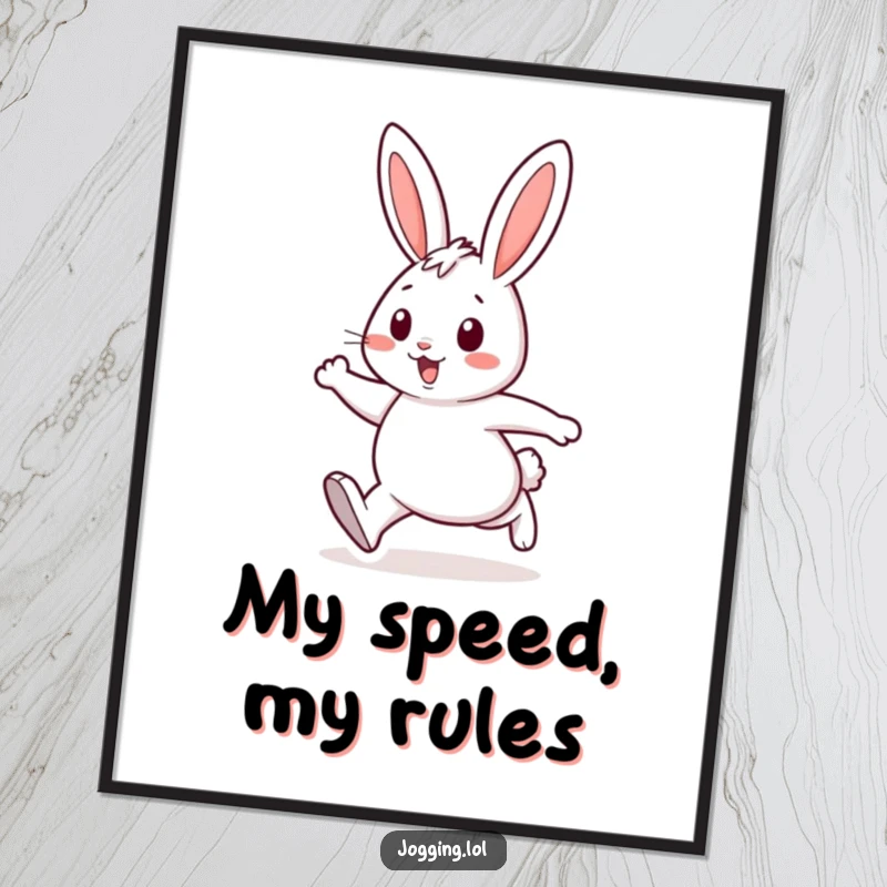 Funny digital art print of a cheerful rabbit character with energetic strides, perfect for instant download and lively home decoration.