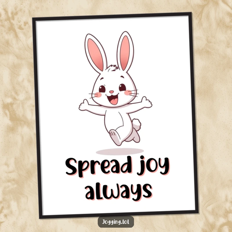 Funny rabbit digital art print of a cheerful character jogging with a wide, excited grin, radiating positivity for instant decor, a fun gift.