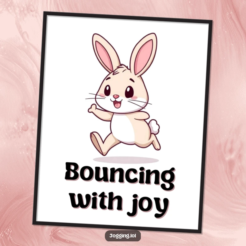 Funny digital art print of a cheerful rabbit with powerfully determined legs, jogging forward with a happy stride.