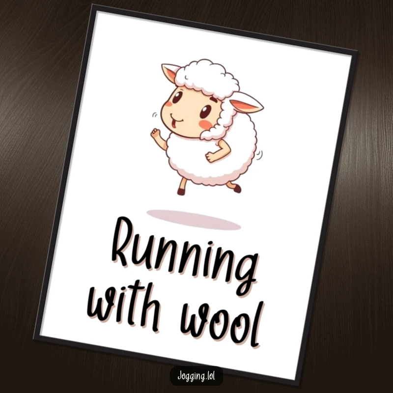 Funny sheep digital art print of a fluffy sheep comically jogging with a happy expression. Humorous and instant download.