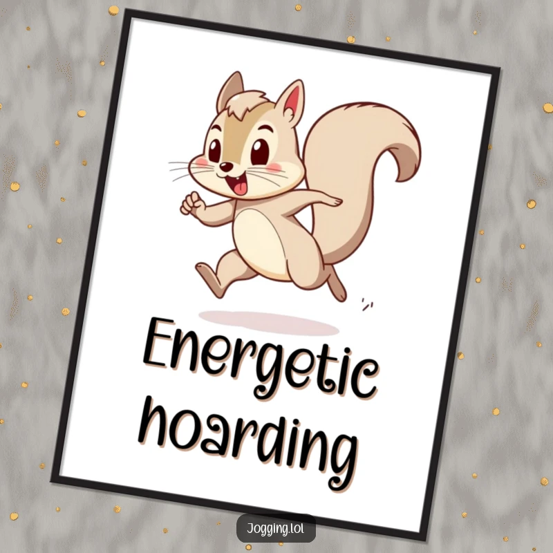 Funny digital art print of a playful squirrel character bounding with exertion, perfect for instant download and dynamic wall decor.