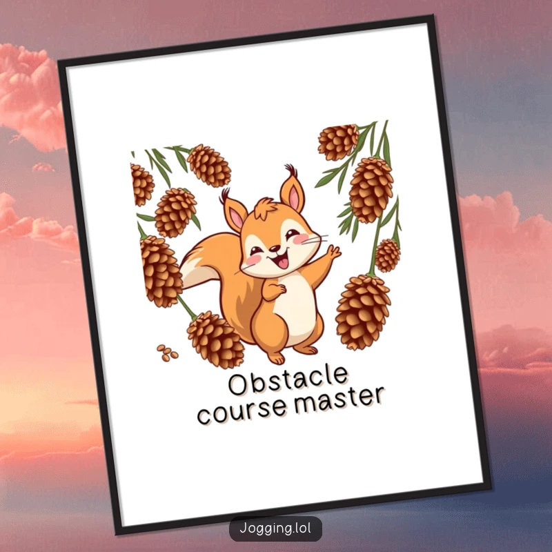 Funny squirrel digital art print of a jovial character weaving playfully between cones, radiating fun and agility for instant decor, a fun gift.