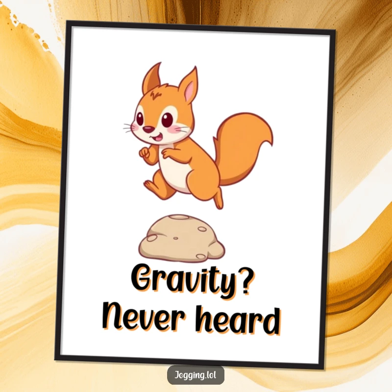 Funny digital art print of a playful squirrel in mid-air, dynamically leaping over a small obstacle.