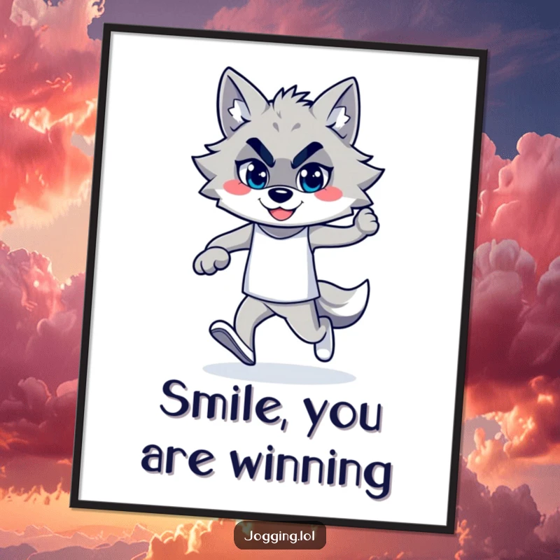 Funny wolf jogger digital art print, featuring a confident wolf with a smile, perfect for humorous and empowering wall decoration.