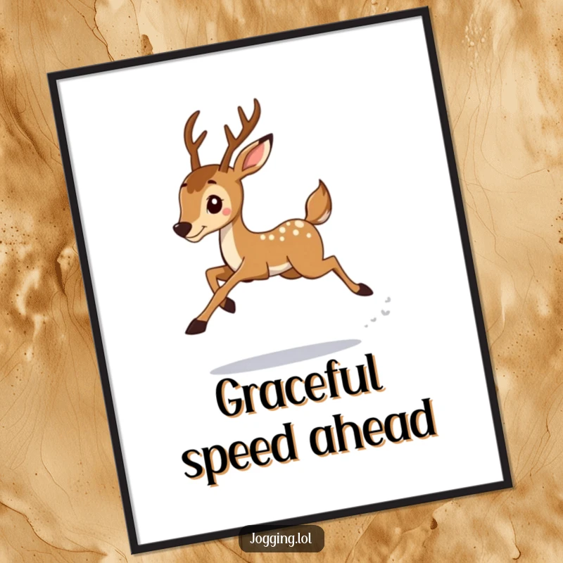 Funny deer jogger art print, detailed with graceful leaps and athletic determination, offering humorous woodland-themed decor for digital or physical display.