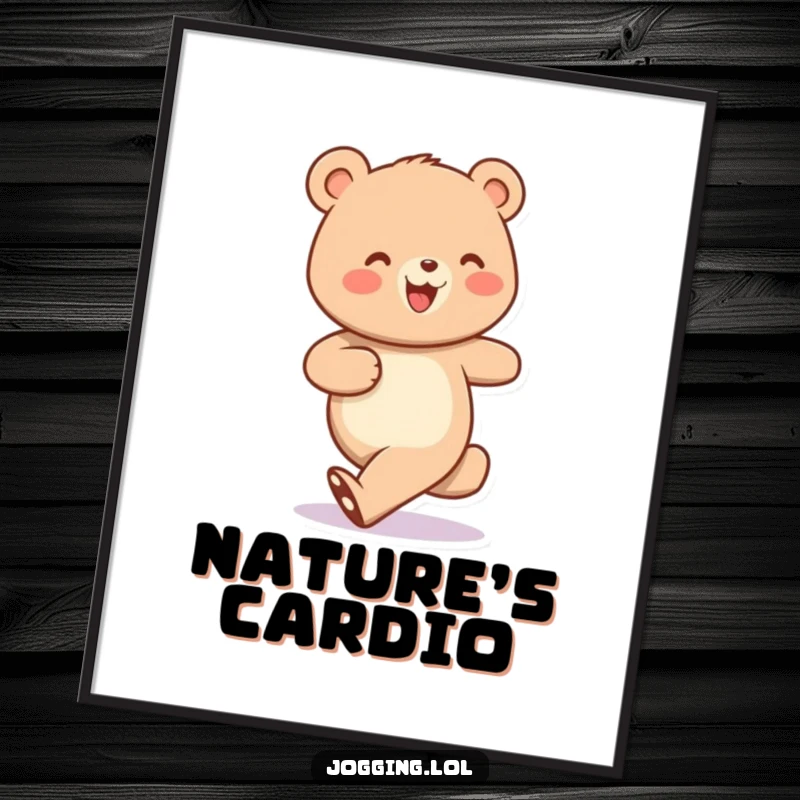 Funny digital art print of a cheerful bear character jogging with amusingly small, bobbing steps, perfect for humorous decor.