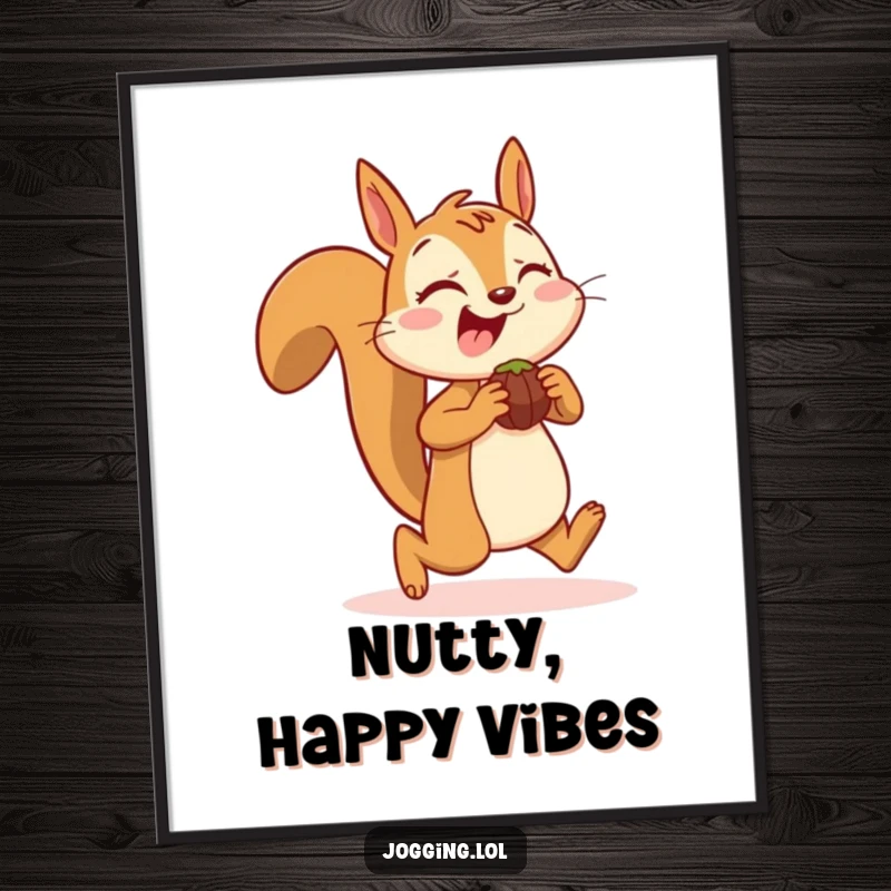 Funny digital art print of a joyful squirrel jogging with nuts, offering instant nutty humor and cheerful decor, ideal funny gift.