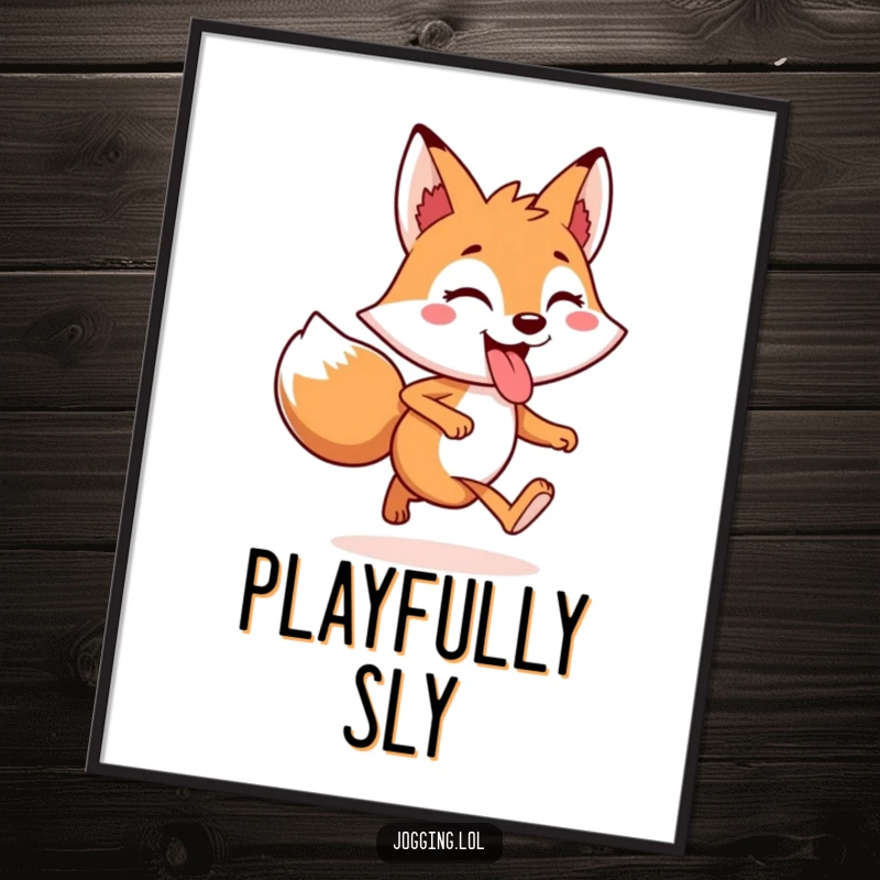 Funny Digital Art Print of a cheerful fox character jogging with its tongue playfully sticking out, brimming with joy.
