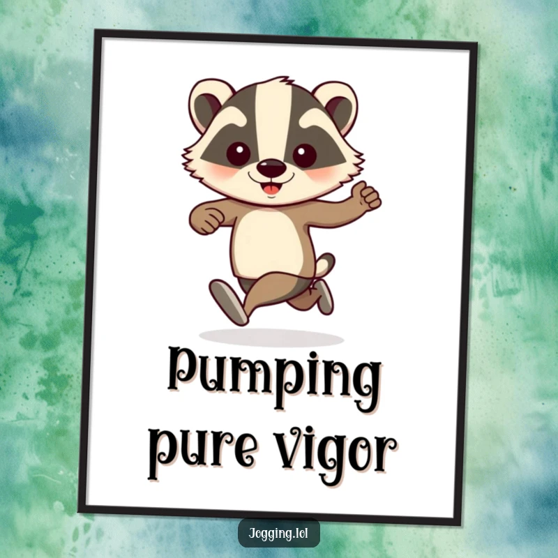 Funny badger jogger digital art print, featuring pumping arms and playful energy, perfect for humorous and motivational wall decoration.